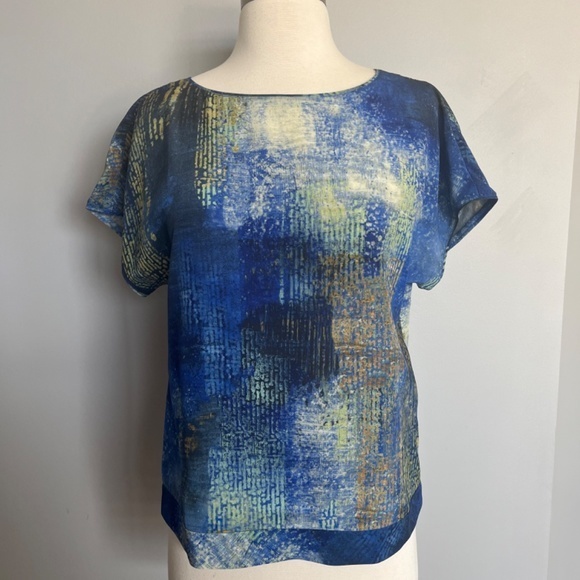 Lafayette‎ 148 Astract print Silk short sleeve Cocktail Blue Top Blouse T-shirt - Picture 7 of 11